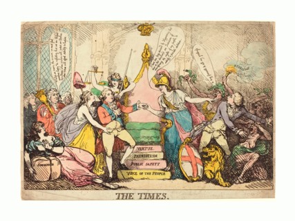 Thomas Rowlandson (British, 1756  1827 ), The Times, probably 1783, hand colored etching