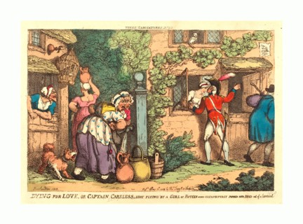 Thomas Rowlandson (British, 1756  1827 ), Dying for Love, or Captain Careless shot flying by a Girl