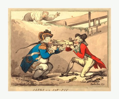 Thomas Rowlandson (British, 1756 - 1827 ), Slugs in a Sawpit, 1791, hand-colored etching, Rosenwald