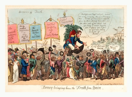 Boney bringing home the truth from Spain, London, 1808, Napoleon assuring his subjects, who have