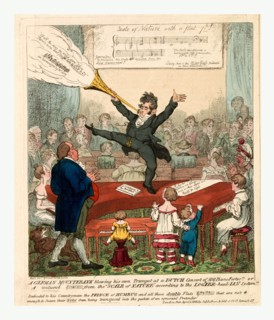 A German mountebank blowing his own trumpet at a Dutch concert of 500 piano fortes, Cruikshank,
