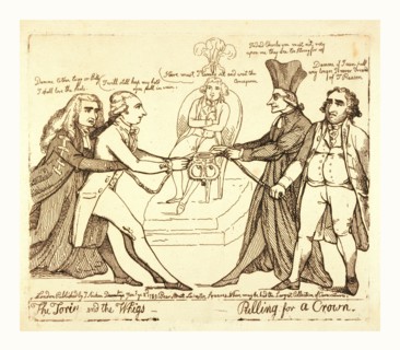 The Tories and the Whigs pulling for a crown, London, 1789, George, Prince of Wales, seated on a