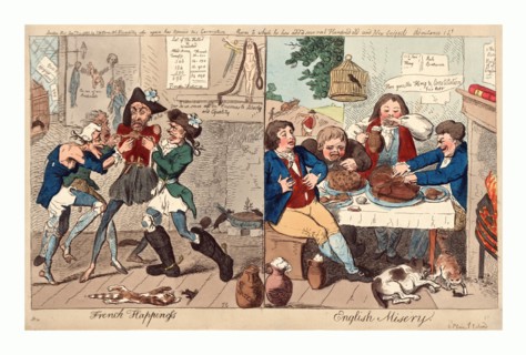 French happiness English misery, Cruikshank, Isaac, 1756?-1811?, engraving 1793, on the left, four