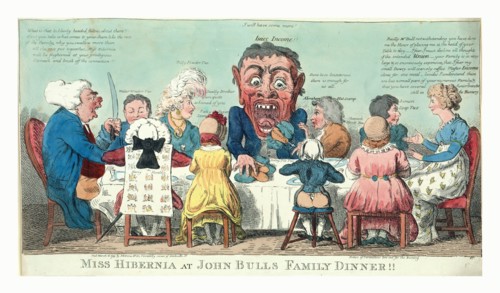 Miss Hibernia at John Bulls family dinner!!, Cruikshank, Isaac, 1756?-1811?, engraving 1799, Miss