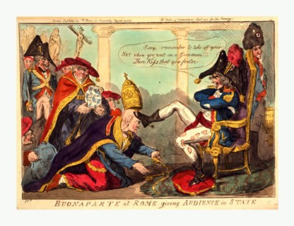 Buonaparte at Rome giving audience in state, Cruikshank, Isaac, 1756?-1811?, engraving 1797,