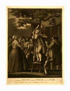 The grinning match, a humourous scene at a country fair, engraving 1775, mezzotint., A man stands