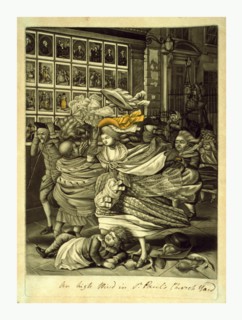 An high wind in St. Paul's Church yard, , artist, [1783], mezzotint, hand-colored, a street scene