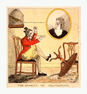 The moment of imagination, engraving 1785, Edward Topham, a pen in his hand, has just kicked over
