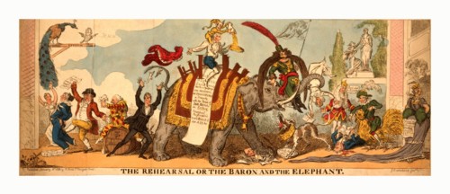 The rehearsal or the baron and the elephant, Cruikshank, George, 1792-1878, engraving 1812, A