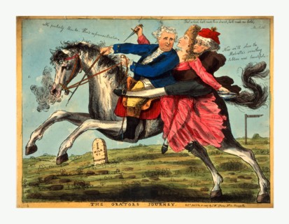 The orators journey, engraving 1785, Charles James Fox, Mrs. Siddons, and Edmund Burke on a