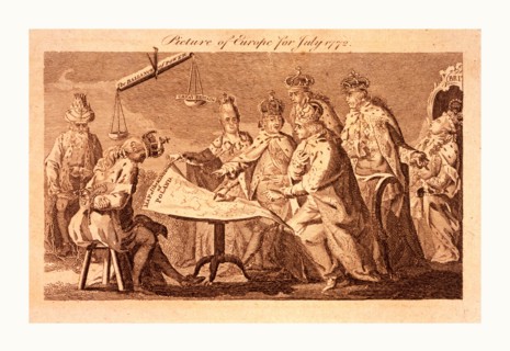 Picture of Europe for July 1772, Catherine II, Leopold II, and Frederick William II seated at table