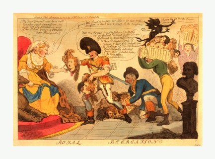 Royal recreation, Cruikshank, Isaac, 1756-1811, engraving 1795, Catherine II seated on a throne