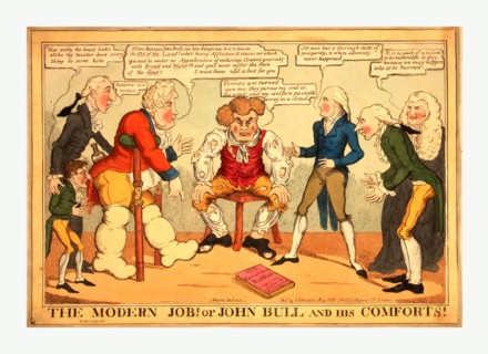 The modern Job! or John Bull and his comforts!, engraving 1816, John Bull, in tattered clothes,