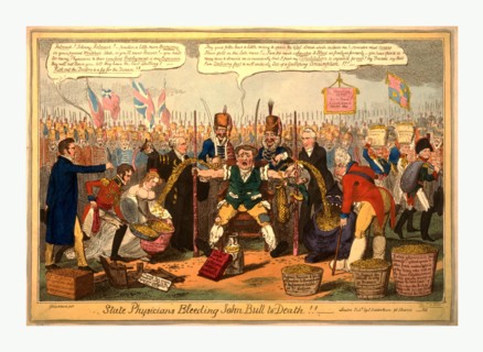 State physicians bleeding John Bull to death!!, Cruikshank, George, 1792-1878, artist, engraving