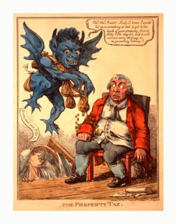 The property tax, Williams, C., artist, engraving 1814, Cartoon shows a prosperous John Bull seated