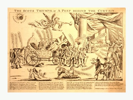 The Scots triumph, or a peep behind the curtain, 1768, the entrance to a large building furnished