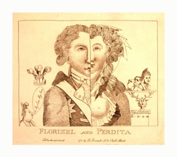 Florizel and Perdita, en sanguine engraving 1780s, a bust portrait divided vertically by a line
