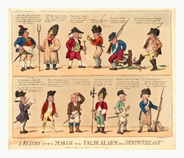 A return from a march or a false alarm in a country village, engraving 1799, a group of British