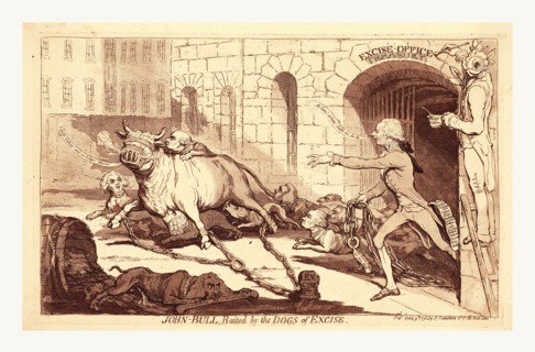 John Bull, baited by the dogs of excise, en sanguine engraving 1790, British satire on efforts by