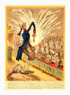 Uncorking old sherry, William Pitt stands in the House of Commons, facing the opposition which is