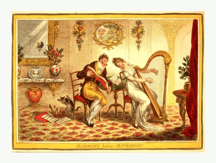 Harmony before Matrimony, Gillray, James, 1756-1815, engraver, [London], 1805, a young woman and a