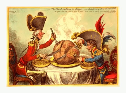 The Plumb pudding in danger, or, State epicures taking un petit souper, William Pitt, wearing a
