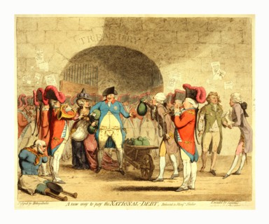 A new way to pay the national-debt, Cartoon shows King George III and Queen Charlotte standing
