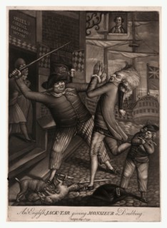 An English jack-tar giving monsieur a drubbing, London : Robert Sayer, en sanguine engraving 1779,