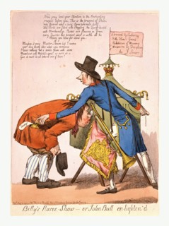 Billy's Raree-Show or John Bull en lighten'd, [England], engraving 1797, Pitt, as a peep-show man,