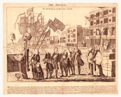 The repeal, or the funeral of Miss Ame=Stamp, en sanguine engraving shows a popular satire