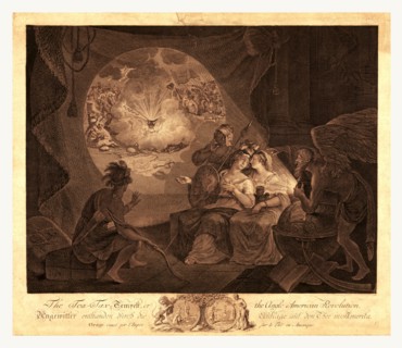 The tea-tax-tempest, or the Anglo-American revolution, en sanguine engraving shows a satire