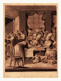 A society of patriotic ladies, at Edenton in North Carolina, en sanguine engraving shows satire of