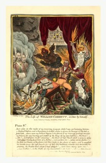 The life of William Cobbett, engraving 1809, Cobbett surrounded by flames and beset by ghosts,