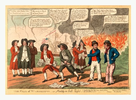 The fall of Washington or Maddy in full flight, Cartoon showing President James Madison and