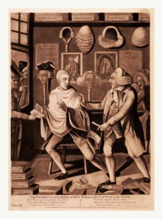 The patriotick barber of New York, or the Captain in the suds, en sanguine engraving, a New York