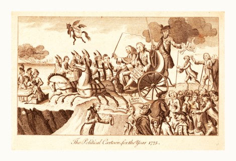 The political cartoon for the year 1775, en sanguine engraving shows George III and Lord Mansfield,