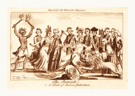 The parricide A sketch of modern patriotism, en sanguine engraving, a woman wearing a feathered