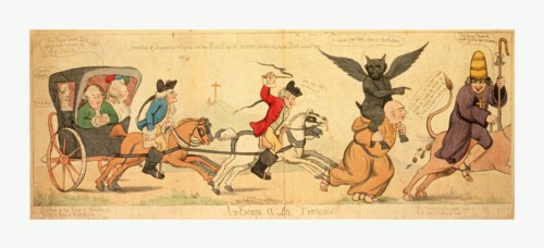 An escape a la Francois!, engraving 1791 by Willm. Holland, a burlesque representation of the