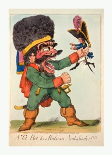 A tit bit for a Russian ambassador, engraving 1803, a Russian holding up small figure of Napoleon,