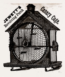 NEARLY the whole front is a wheel with perches. The bird hopping from perch to perch gives motion,