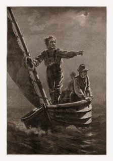 SIGHTING THE TRAWL BUOY.â€îDRAWN BY J. G. BROWN, 1880, 19th century engraving, USA, America