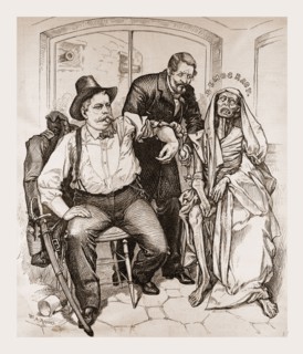 TRANSFUSION OF BLOODâ€îIS IT TOO LATE ?., 1880, 19th century engraving, USA, America