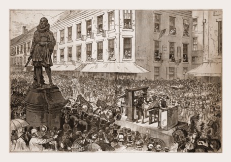 THE BOSTON CELEBRATIONâ€îTHE PROCESSION PASSING THE WINTHROP STATUE.â€îDRAWN BY C. GRAHAM., 1880,