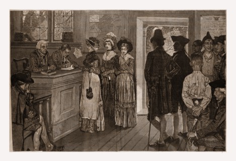 WOMEN AT THE POLLS IN NEW JERSEY IN THE GOOD OLD TIMES--DRAWN BY HOWARD PYLE., 1880, 19th century