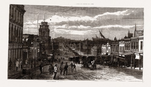 MELBOURNE 1880, VIEW IN GREAT BOURKE STREET", 1880, 19th century engraving, Australia