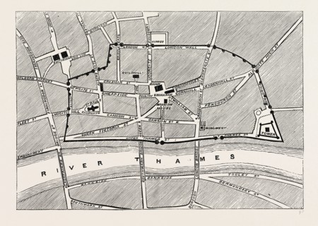 PART OF MODERN LONDON, MAP, SHOWING THE ANCIENT WALL,  UK, 19th century engraving