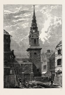 ST. BRIDE'S CHURCH, FLEET STREET, AFTER THE FIRE, 1824. London, UK, 19th century engraving