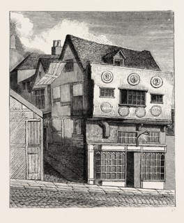 AN OLD HOUSE ON LITTLE TOWER HILL. London, UK, 19th century engraving