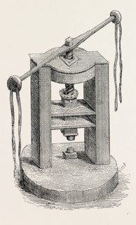 PRESS AND DIES FORMERLY USED IN THE MINT, London, UK, 19th century engraving