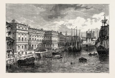 THE OLD CUSTOM HOUSE in 1753. London, UK, 19th century engraving. 18th century view by Maurer
